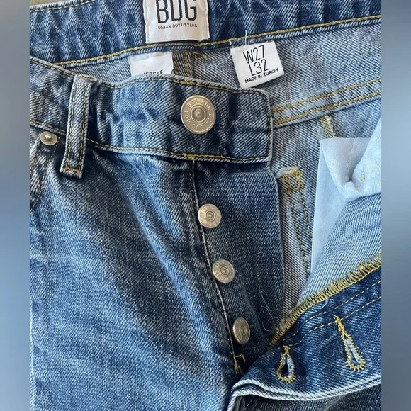 UO BDG Jessye Spliced Light/Dark Blue Straight Leg Raw Hem Jeans Size W27 L32 - Picture 3 of 6